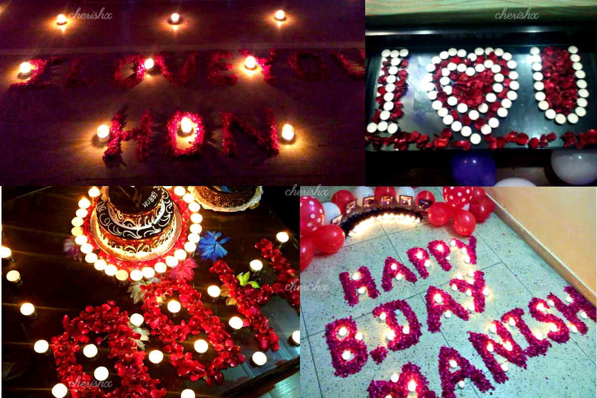 Message with Candles and Flower petals with balloon decoration 