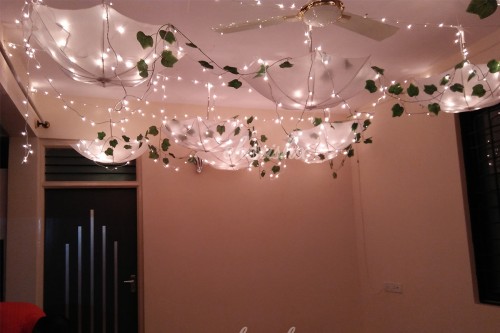 The Ceiling is beautifully Decorated with Umbrellas and Led Lights to give an illuminating effect to the whole room.
