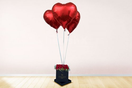 Rose Bucket with Heart Balloons