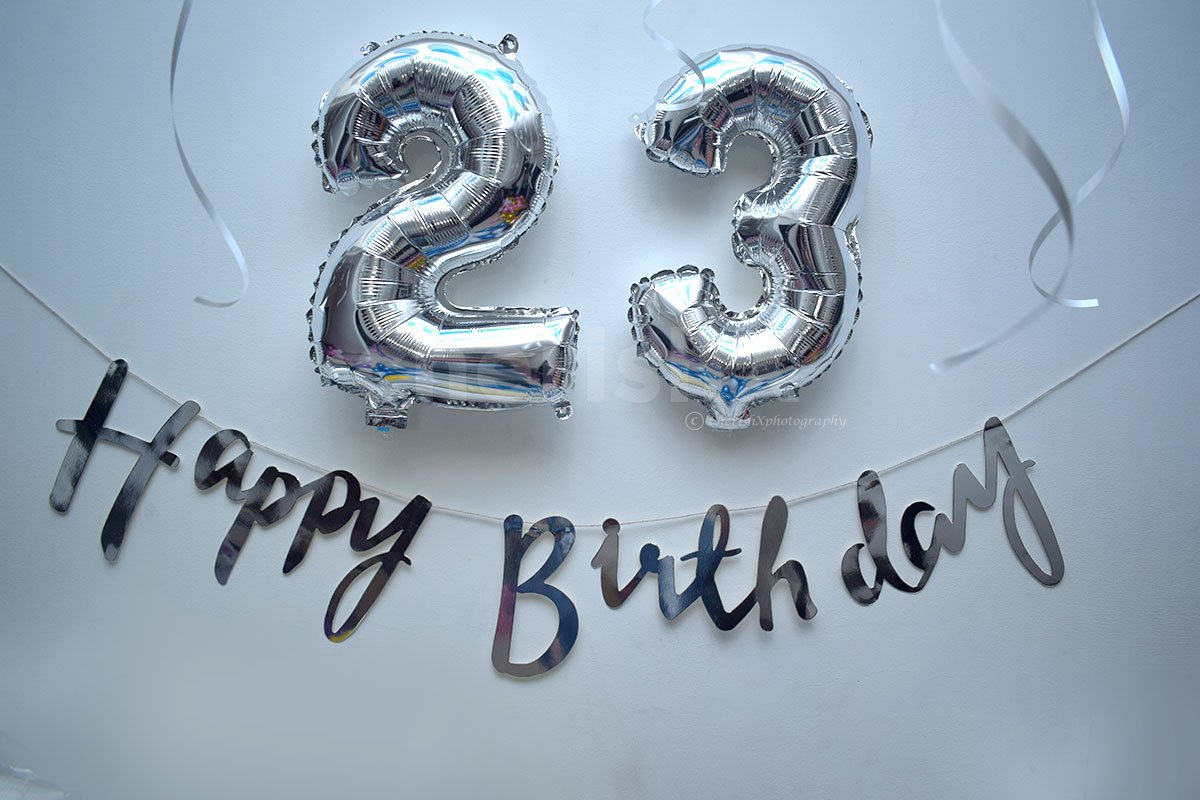 Silver number foil balloons and silver happy birthday bunting for Blue Themed Decor.