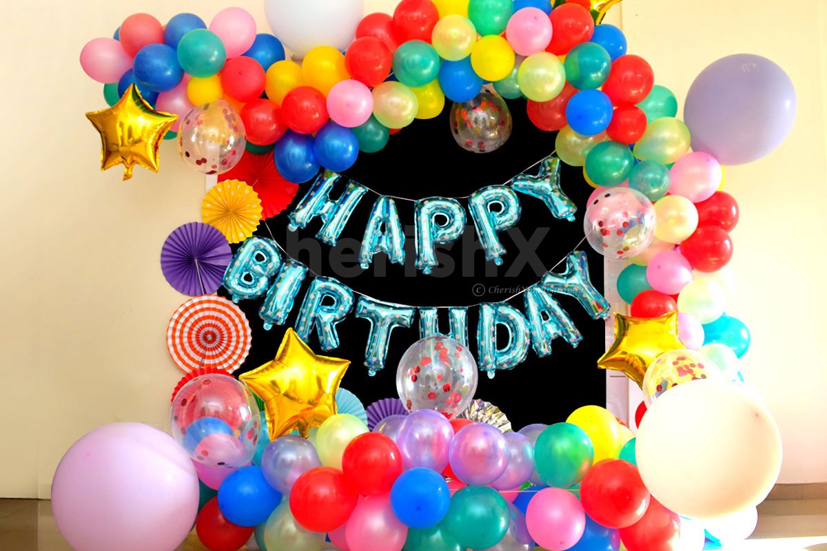 home decoration ideas for birthday with colorful balloons and a Happy Birthday foil balloons 