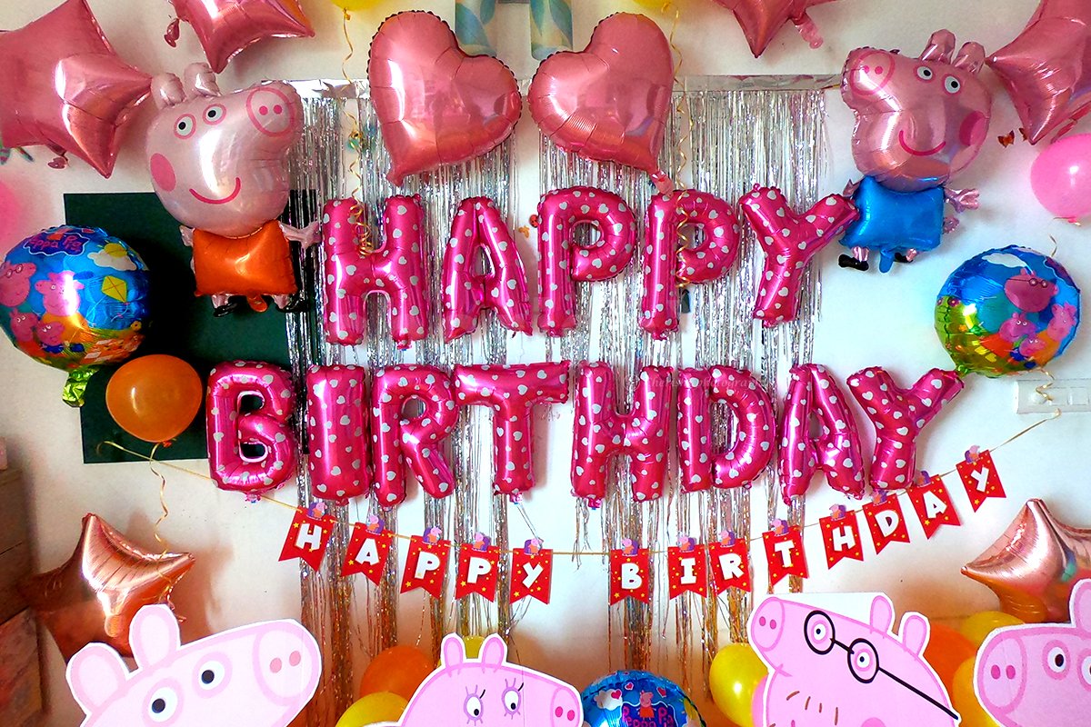 Happy Birthday Foil Balloons in Pink Color for Peppa Pig Theme