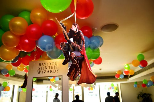 Balloon Bunches and Ron Wesley Cut-out hanging on the ceiling for Kid's Birthday Party Decoration.