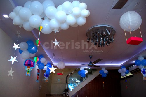 To add to the room decoration, the theme decor consists of Star hangings, Buntings, Paper Air Balloon cut-outs and more.