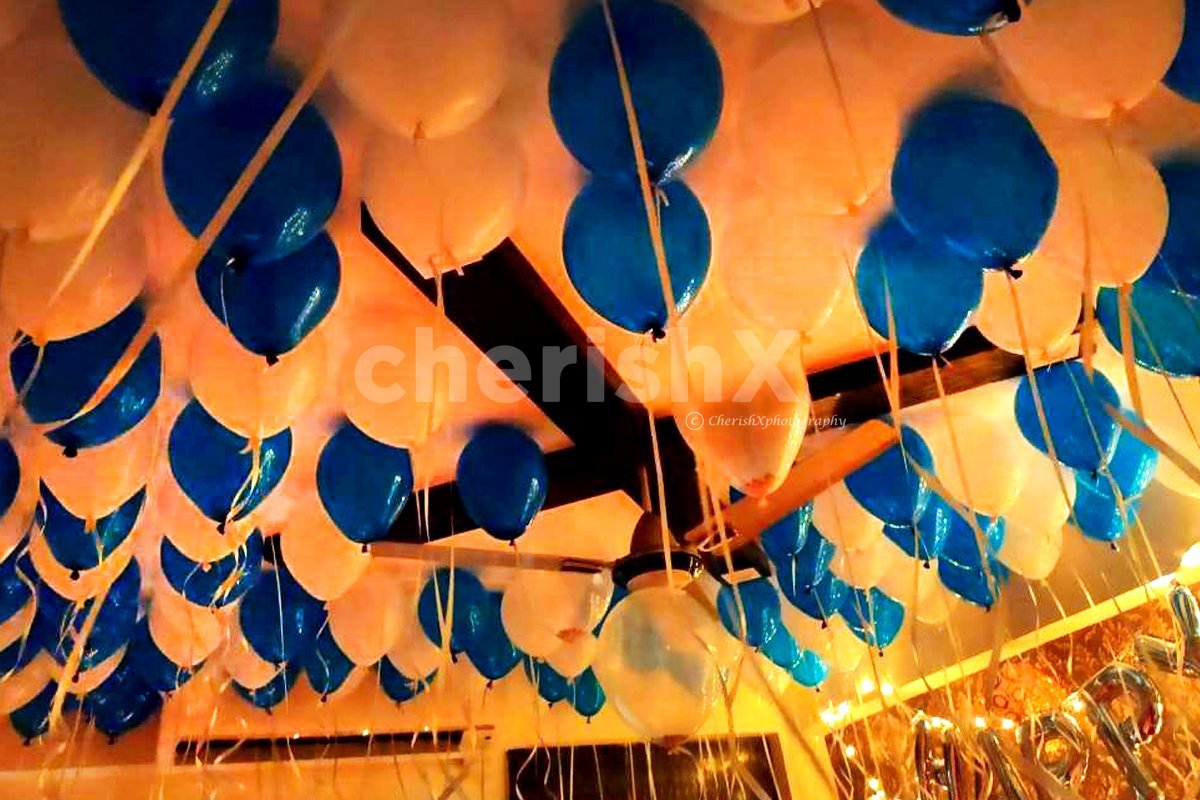 Balloons glued to the ceiling for balloon room decoration in Bangalore.