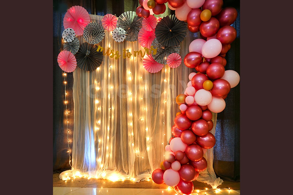 The Bridal Shower Decor with Balloon Arc on one side and Rosettes on the other.