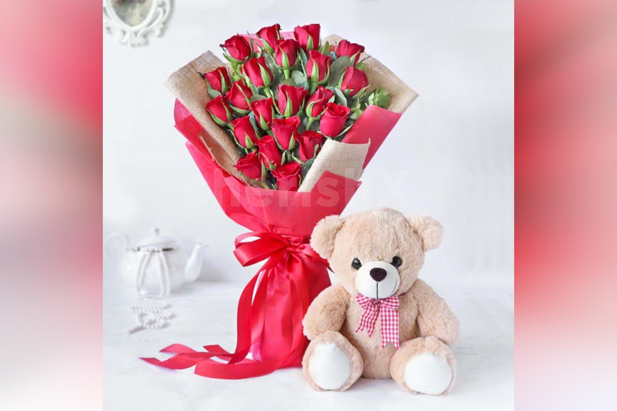 A 20 gorgeous red roses bouquet and a 1 ft teddy