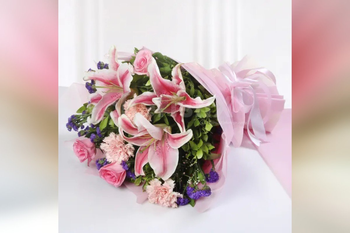 9 Mixed Pink Flowers Bouquet (Lilies, Roses, Carations) delivery by cherishx
