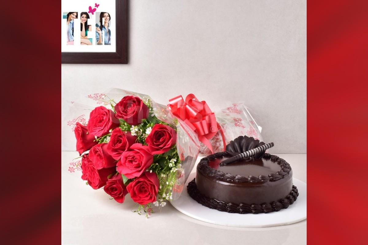 Red rose and chocolate truffle cake combo