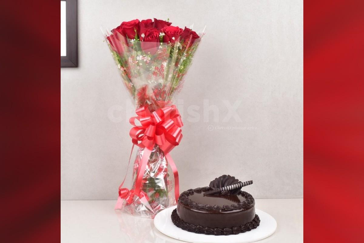 10 Red rose and chocolate truffle cake combo home delivery
