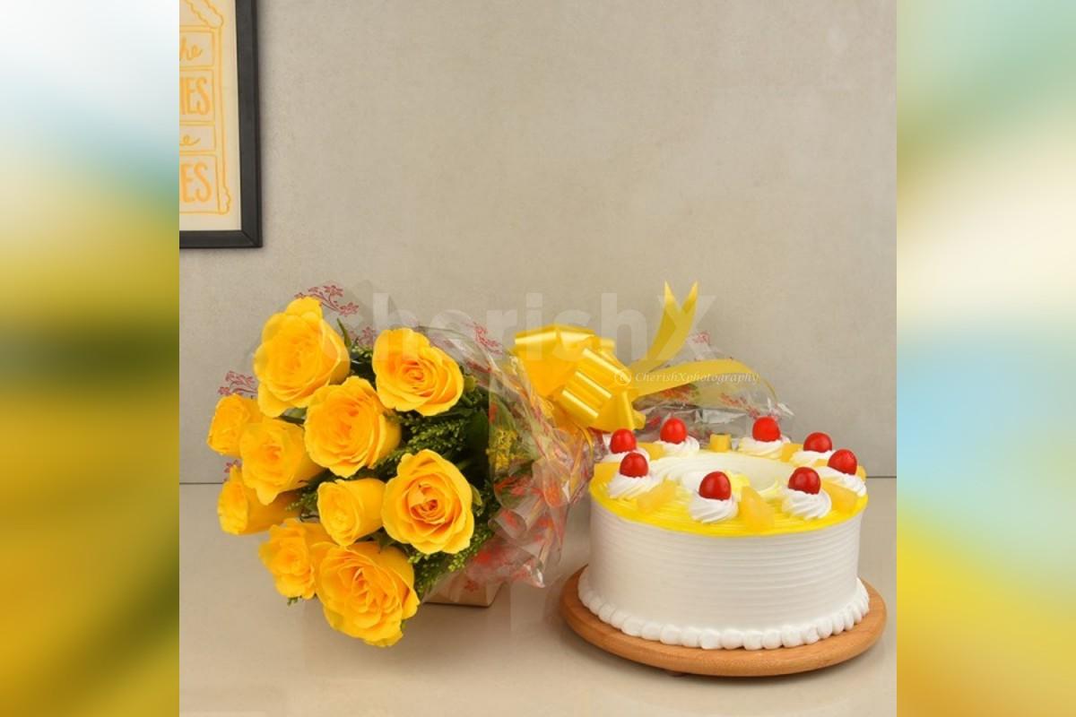 10 yellow roses and a pineapple cake