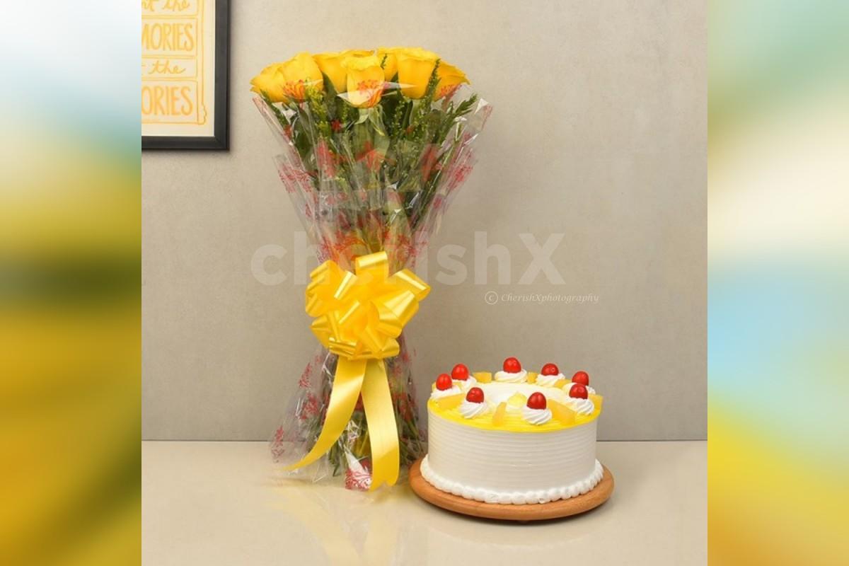 10 yellow roses and a pineapple cake home delivery