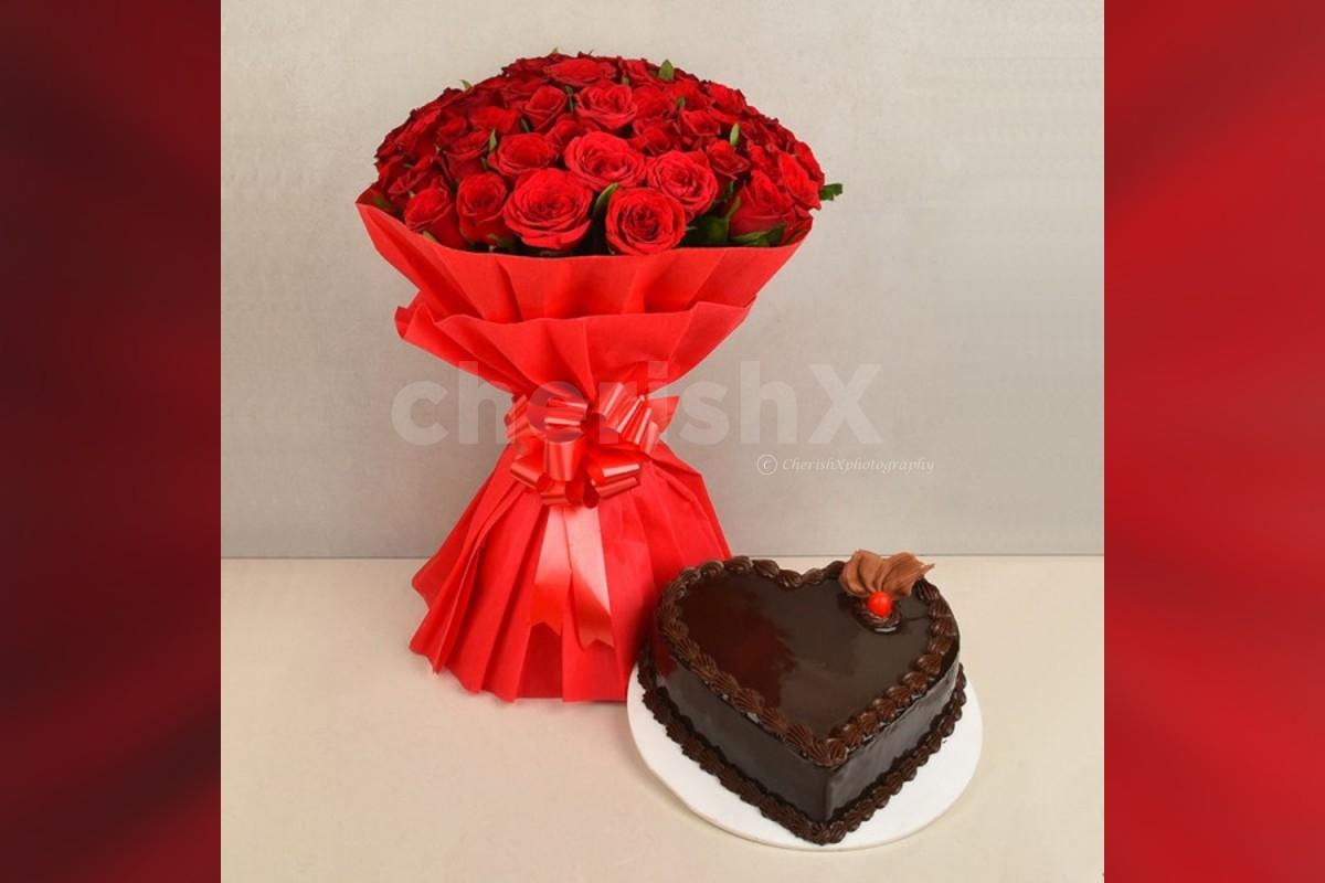 Send a simple 50 Red Roses Bouquet & Heart shape chocolate truffle cake