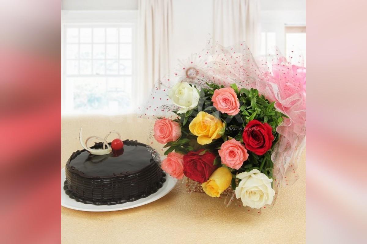10 Mixed roses and chocolate truffle cake