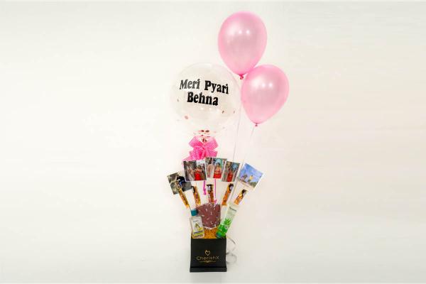 Order online and send
this beautiful bucket consisting of face wash, lip balm, a cotton mask, chocolates and
a sweet message "Meri Pyari Behen"
