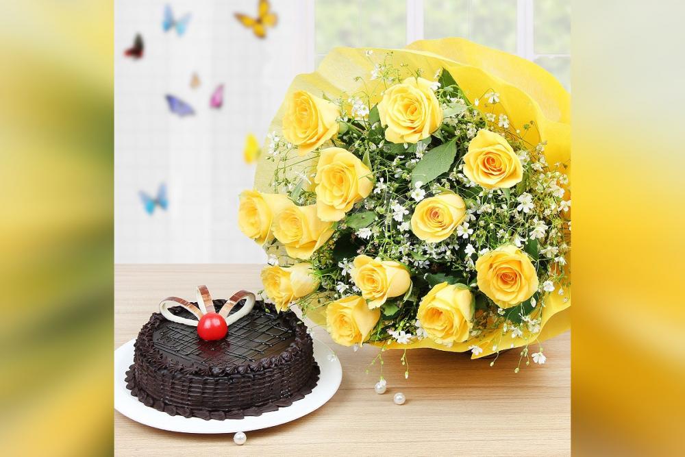 yellow roses and chocolate truffle cake