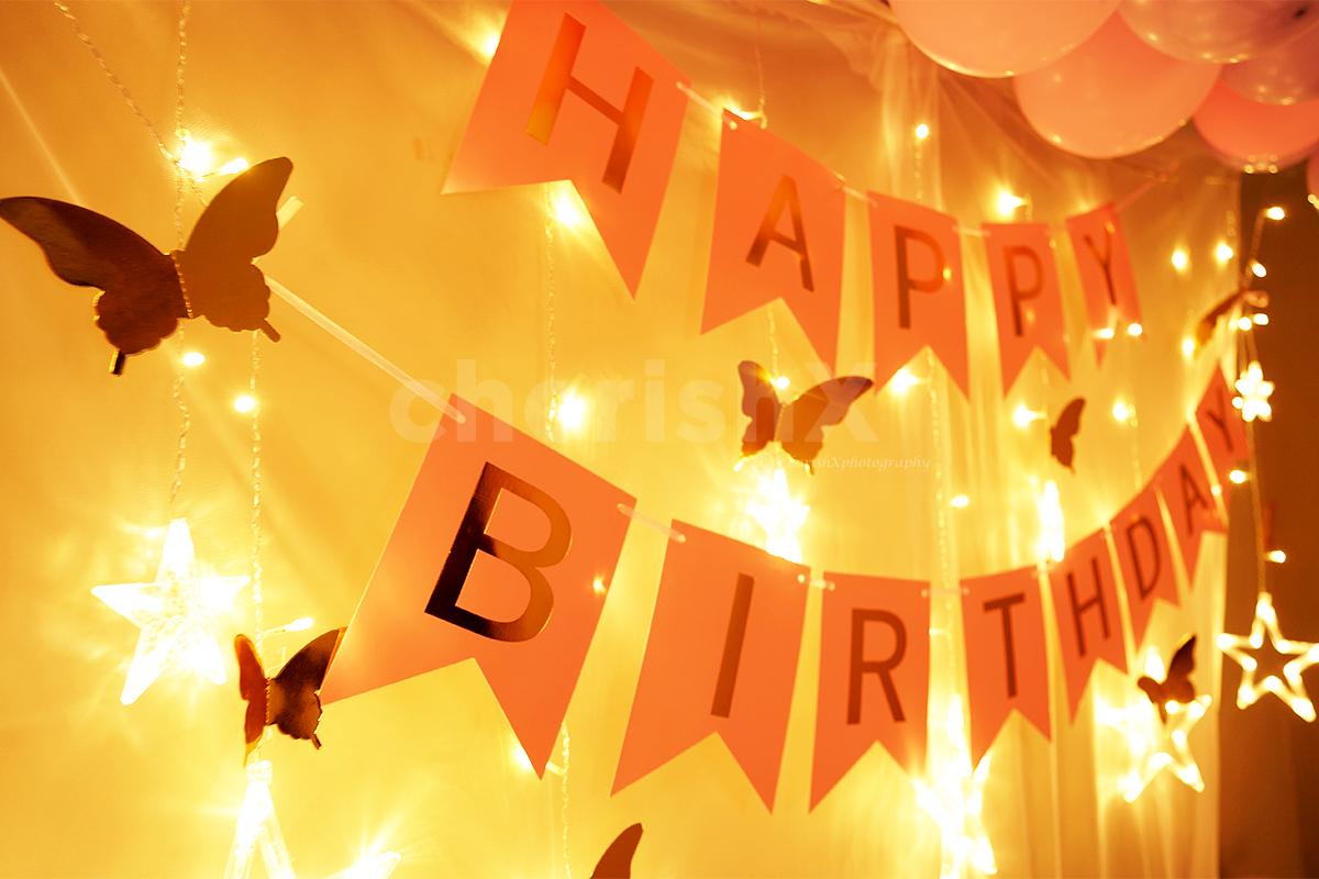 Room Decoration for Birthday Surprise with bright lighting.