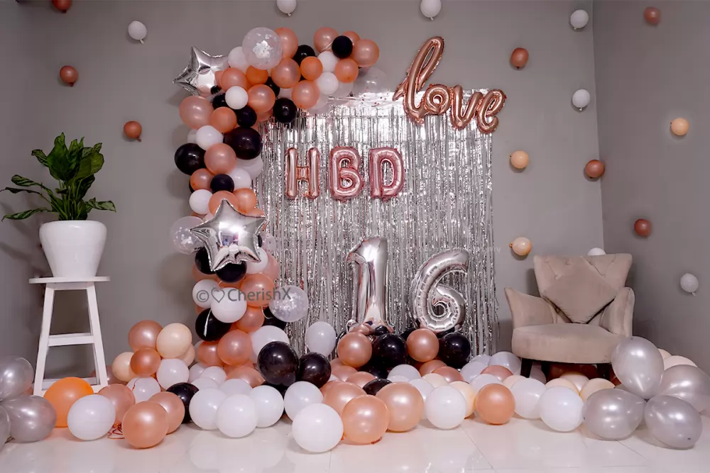 Romantic Birthday Balloon Decoration in Rose Gold Theme with ...