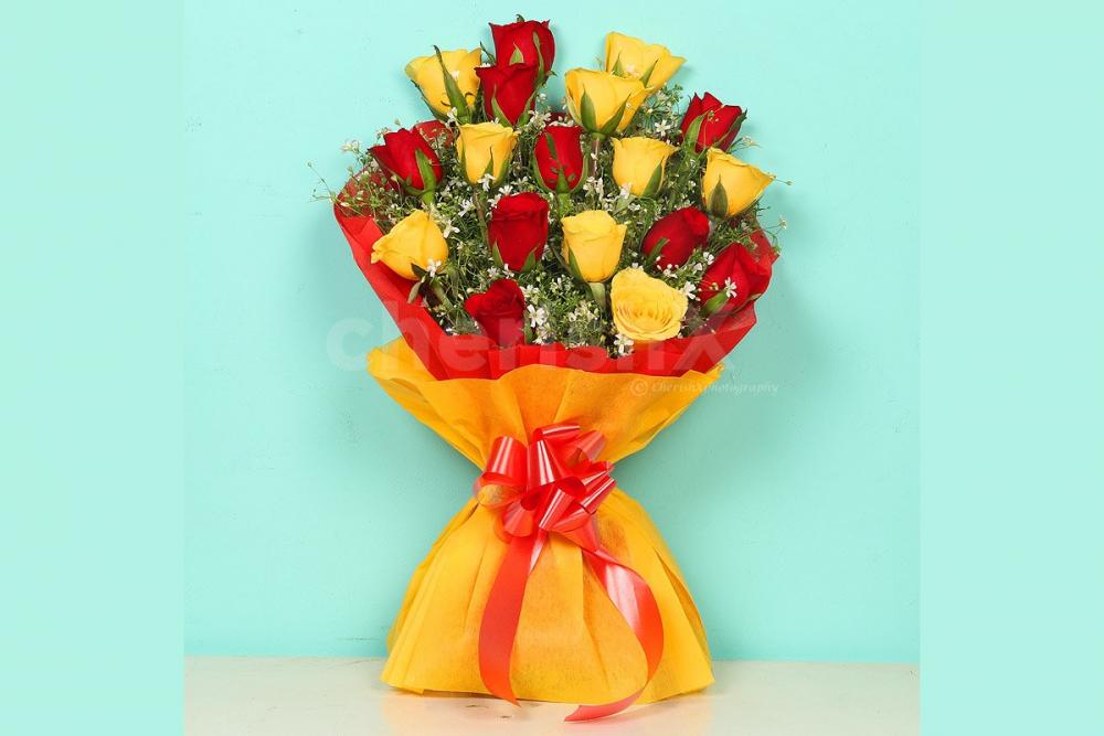 Send a simple Bunch of 18 red and yellow roses in red and yellow color