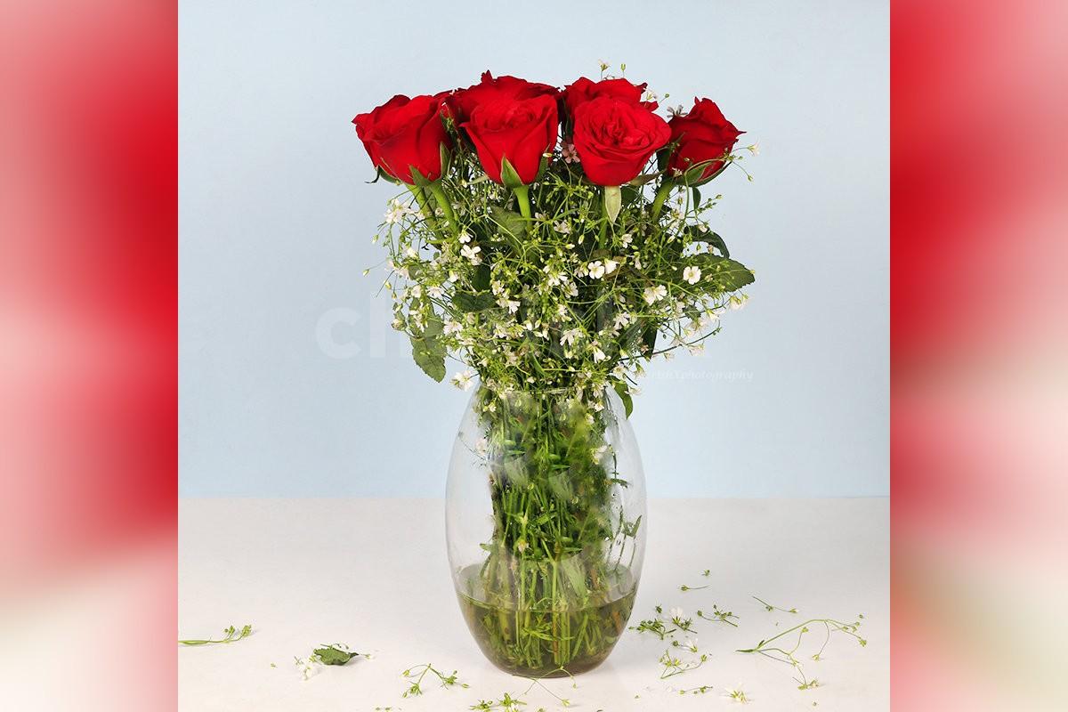 Send a simple12 red roses in dholak glass vase bouquet to surprise them