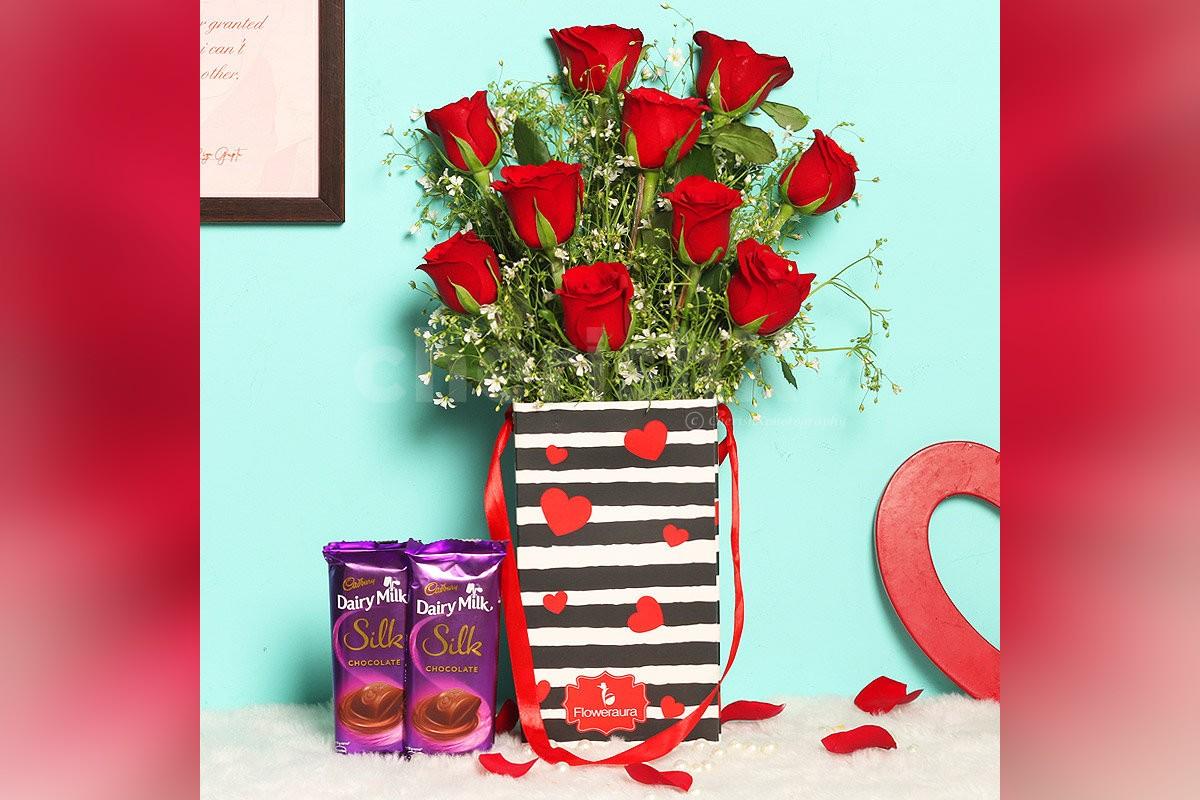 Send a simple 10 Red Rose with 2 Dairy Milk Silk Chocolates (60gm each) Free & OnTime