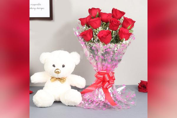 Wish birthdays and anniversaries with a bouquet of roses and a cute teddy.