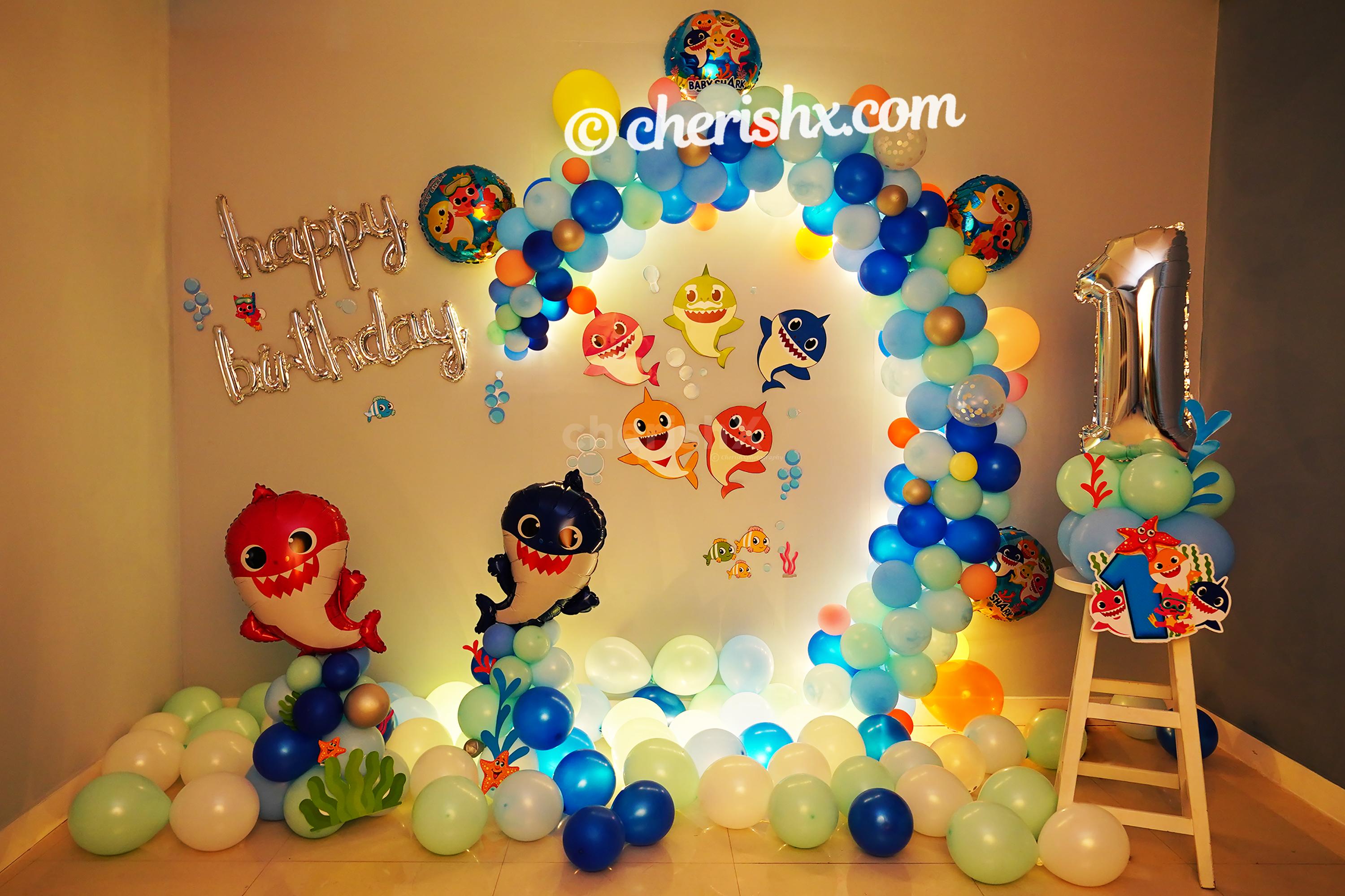 Book a beautiful Baby Shark Birthday Balloon Decor for your Child's Birthday