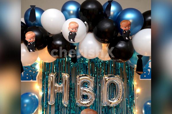 The Balloon Decoration is made up of blue, black and white balloons.