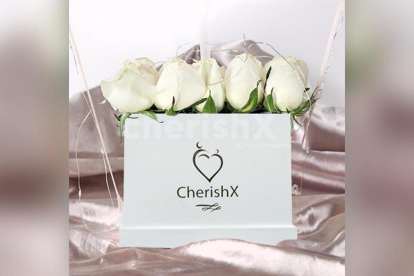 White Roses with Bubble Balloon Bucket delivered for Anniversary or Birthday Gift in Bangalore