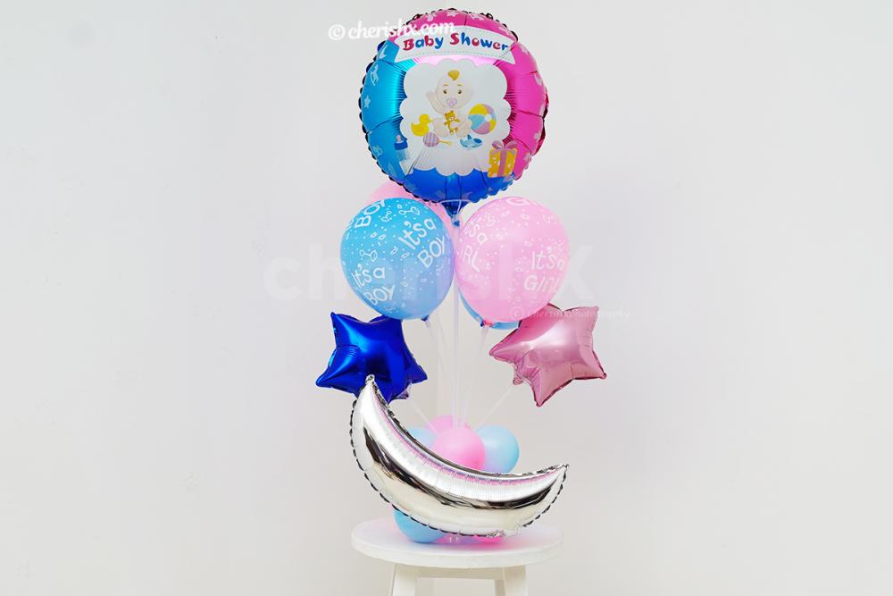 The balloon bouquet highlights the blue and pink colour to add to your decorations.