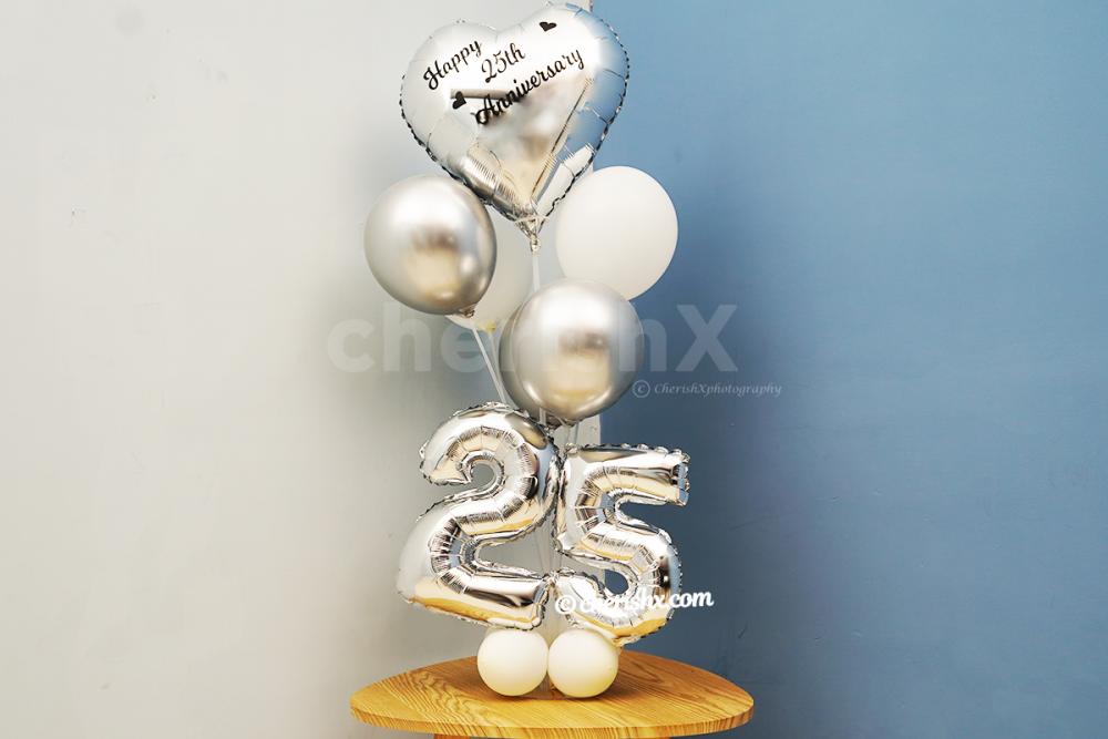 Attractive Shining Silver Happy Anniversary Balloon Bouquet.
