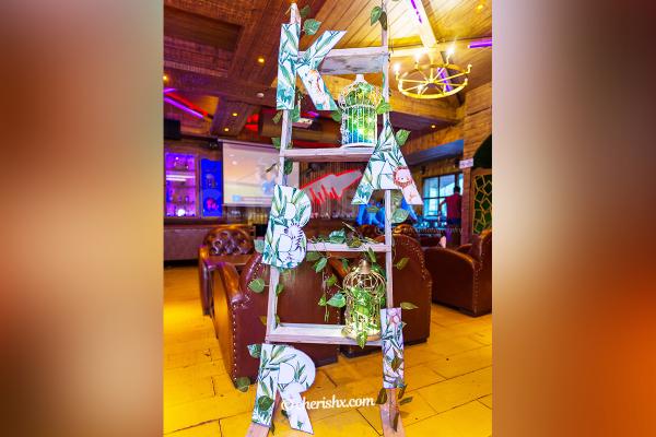 A Ladder decorated with customized A3 size Alphabets, decorated with Money Plant Bells and 2 cages filled with Led Lights.