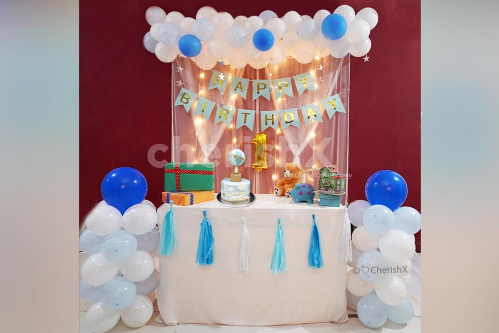 Blue & White Pastel First Birthday Decoration for your Kid's Birthday |  Hyderabad