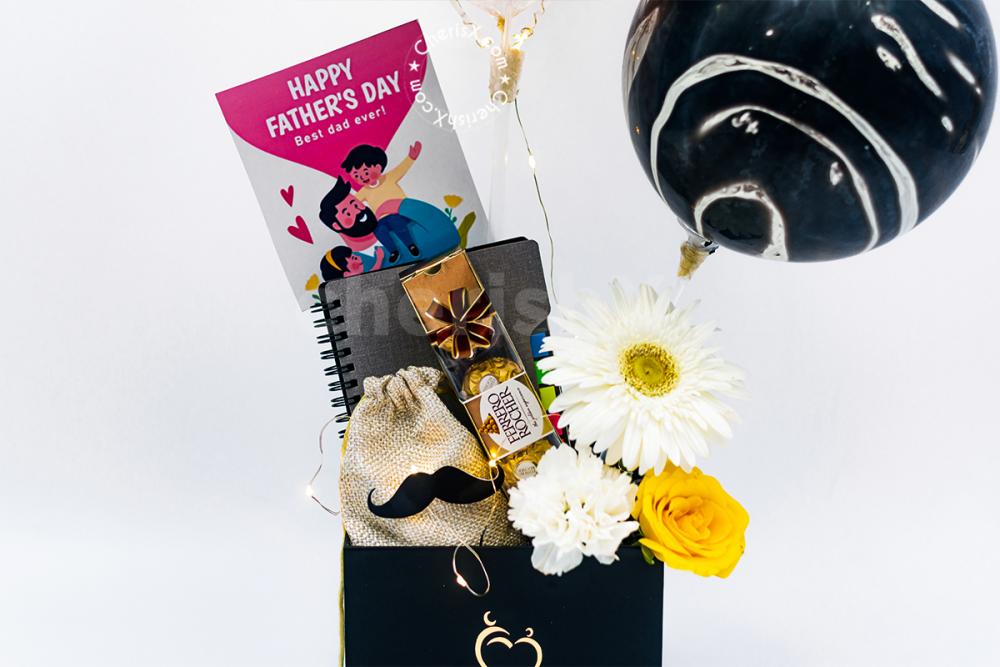 A black and grey Father's Day Balloon Bucket for Father's Day or your Dad's Birthday.