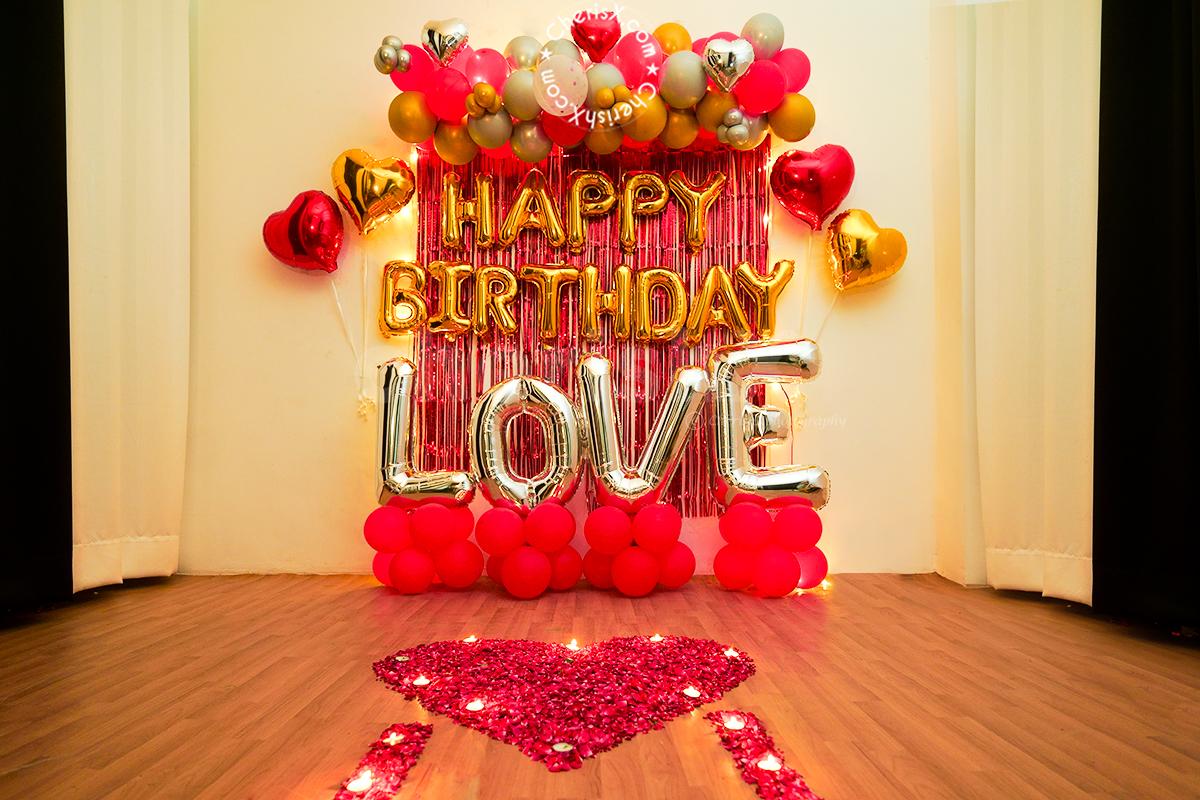 Red Balloon Decoration for Birthday with Flower Petals & LOVE Stand