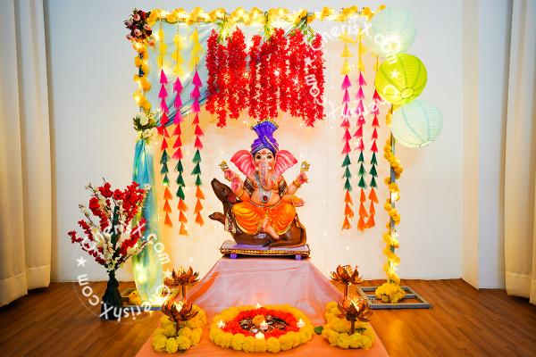 Stylish Ganesh Chaturthi Puja Decor with Backdrop