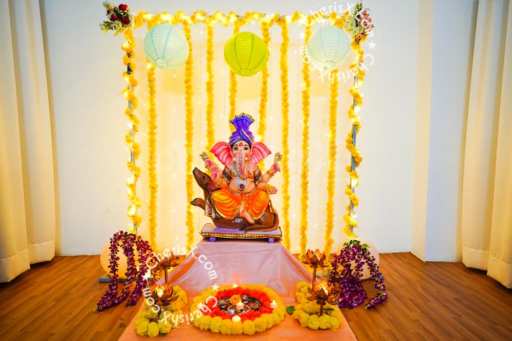 Marigold, Lanterns & Lights Decorations for Ganesh Chaturthi at Home