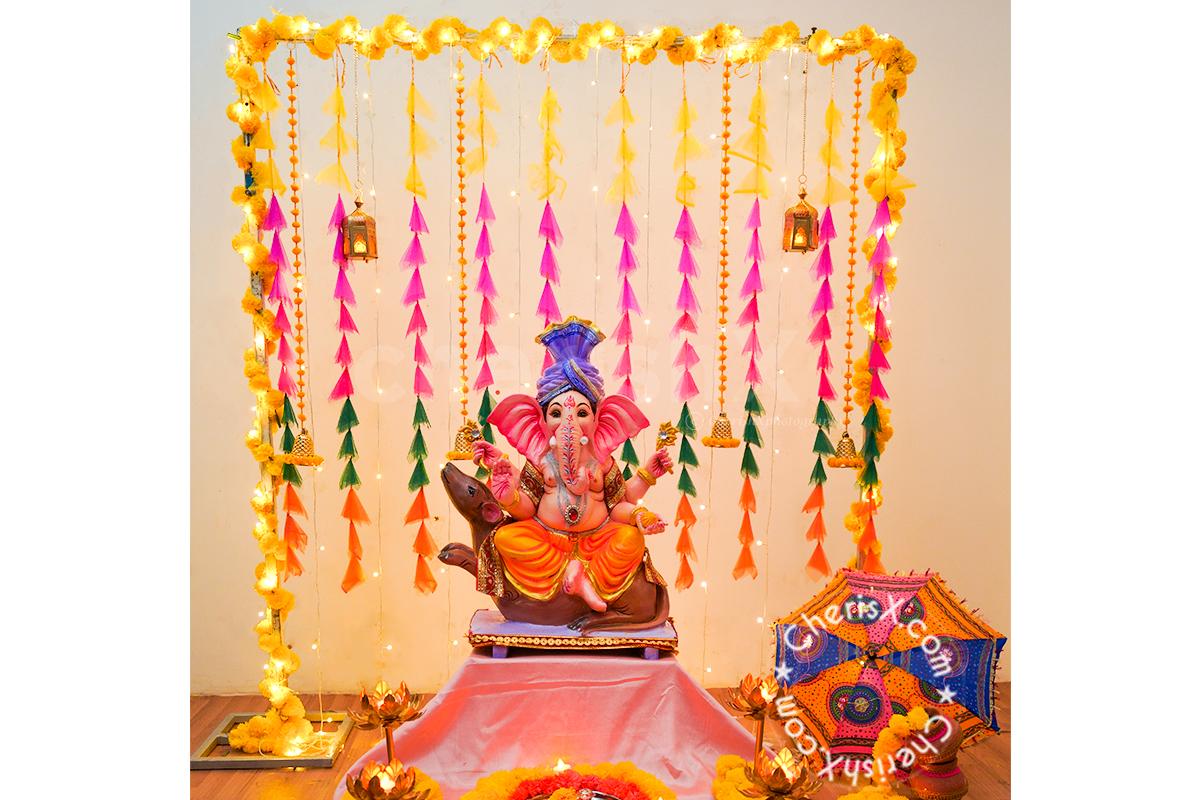 Ganesh Chaturthi Puja Decoration with Tassels Backdrop