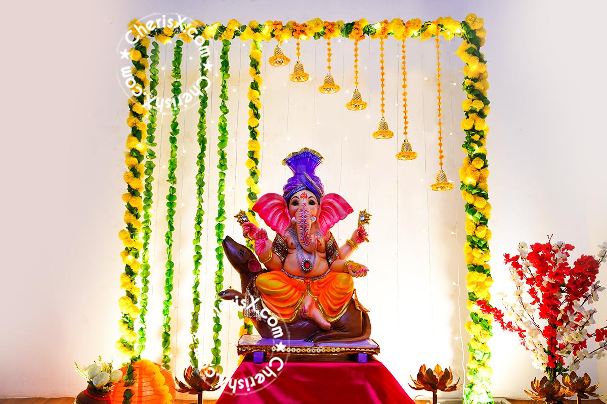 Ganesh Chaturthi Pandal Decoration in yellow and Green Colour ...