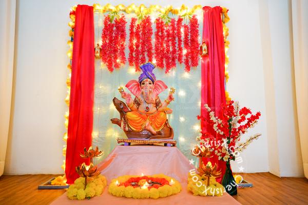Pink Flowers & Fairy Lights Backdrop for Ganesh Chaturthi Puja Decoration