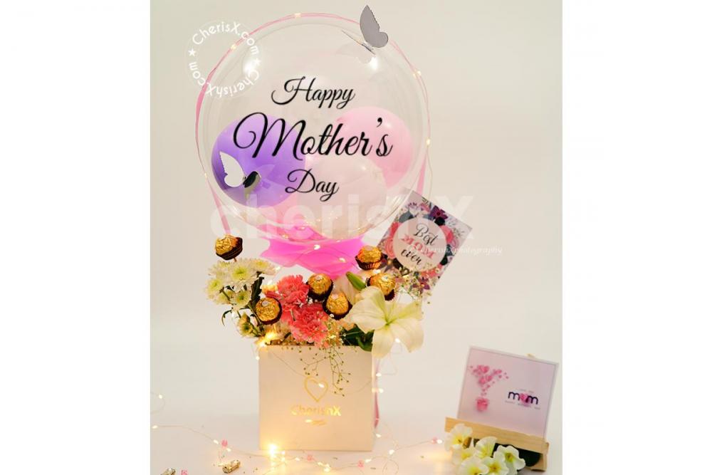 Send love in the most beautiful way to your mom with CherishX's White and Pink Balloon Bucket- A wonderful Mother's Day Gift