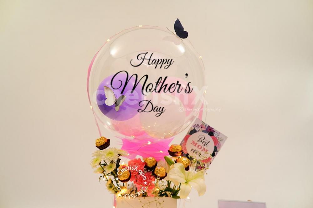 A Premium White and Pink Theme Balloon Bucket Gift for Mother's Day 2022!