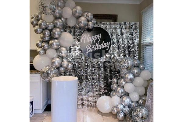 Celebrate your anniversary with CherishX's Classy Silver Sequin Anniversary Decor!