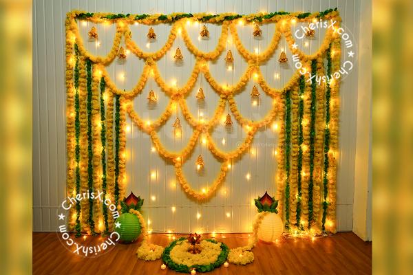 This cute backdrop for Puja is so simple nd elegant pujadecor  traditiona  Wedding stage decorations Housewarming decorations  Beautiful wedding decorations