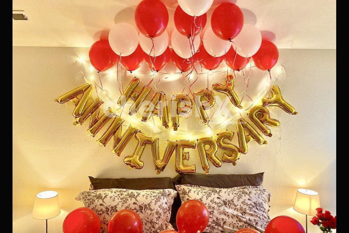 Happy Anniversary Decoration Kit For Bedroom -46 Items Set - Banner, Red  Foil Curtain, Balloons, Cheers & Champagne Foil Balloons - For wedding  anniversary decoration items For Home - Husband Wife -