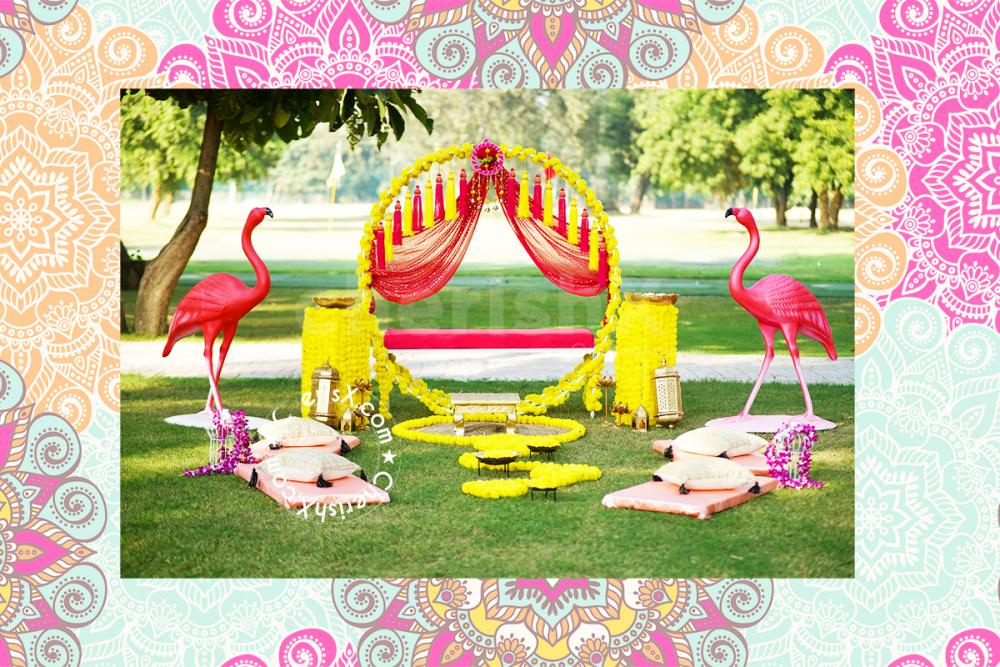 The decorated Jhula is the center of attention in this décor theme