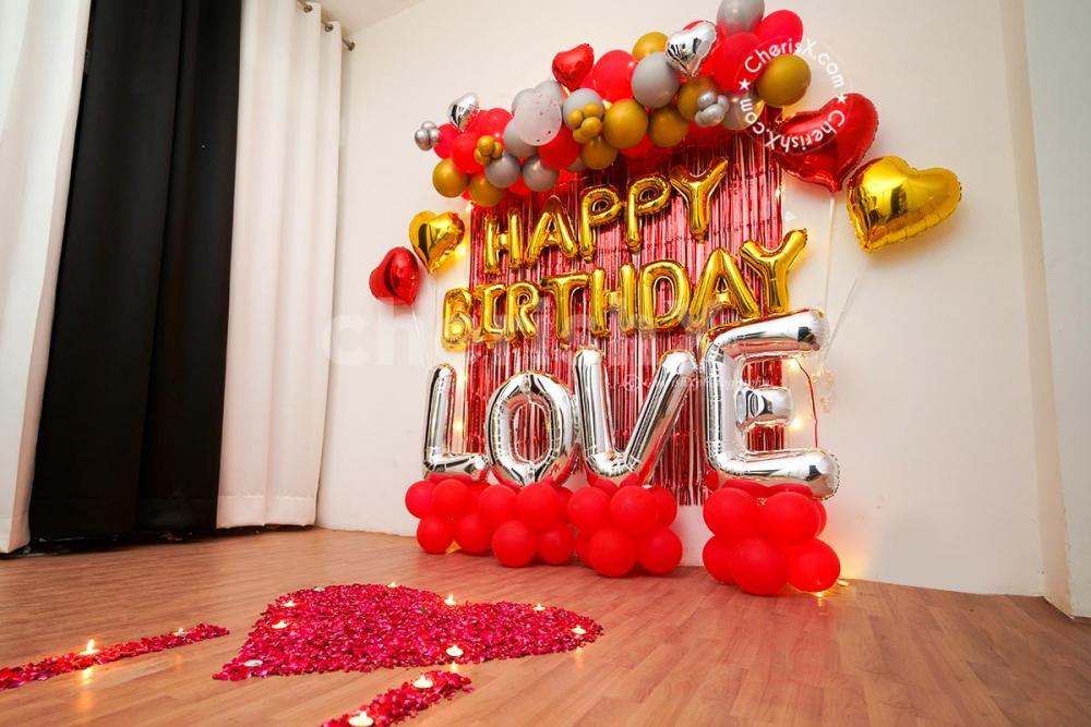 Red Balloon Decoration for Birthday with Flower Petals & LOVE Stand