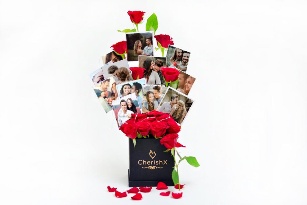 Beautiful photos set up in the bucket with roses to give a wonderful look to the gift.