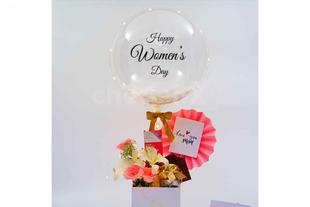 Celebrate Women's day, or any other occasion beautifully with CherishX's Blush Pink Balloon Bucket Gift!