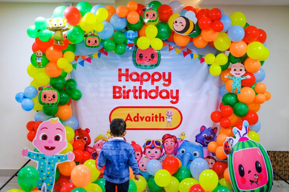 CherishX's Cocomelon Themed Kid's Birthday Decor includes colourful balloons and themed cut-outs